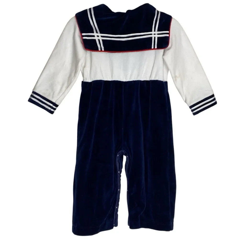 Vtg Childrens Navy Sailor Outfit Velour Nautical Velvet Mashtex Petit Jardin